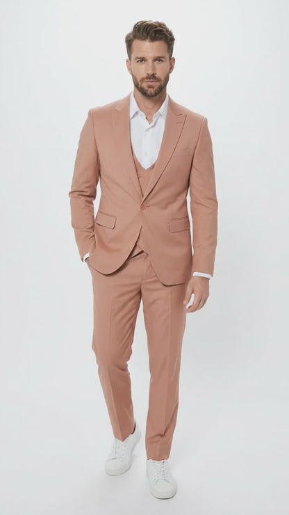 Men’s Peach Light Brown 3 Piece Suit – Wedding & Prom Formal Suit Set, Blazer Pants Double breasted vest