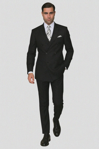 Mens Classic Wool Double Breasted Suit in Black