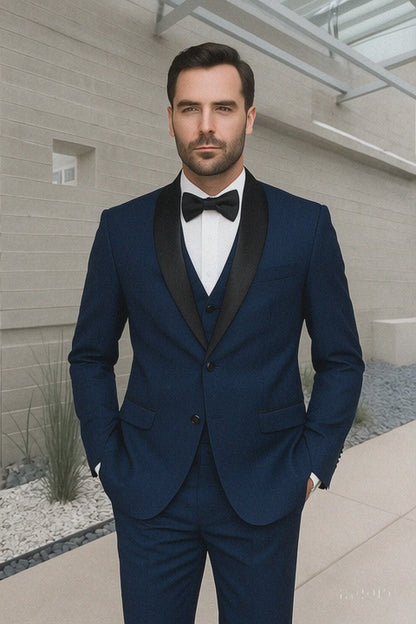 Mens 1 Button Shawl Lapel Vested Wool Wedding - Prom Tuxedo in Sapphire Blue - Mens Slim Fitted Tuxedo
