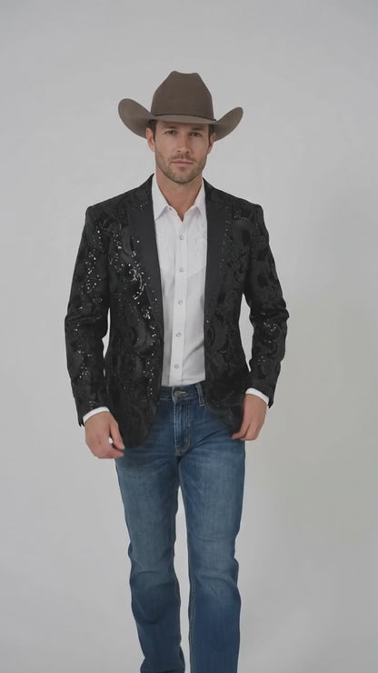 Men’s Black Sequin Western Blazer – Embroidered Cowboy Tuxedo Jacket with Rhinestone Lapels