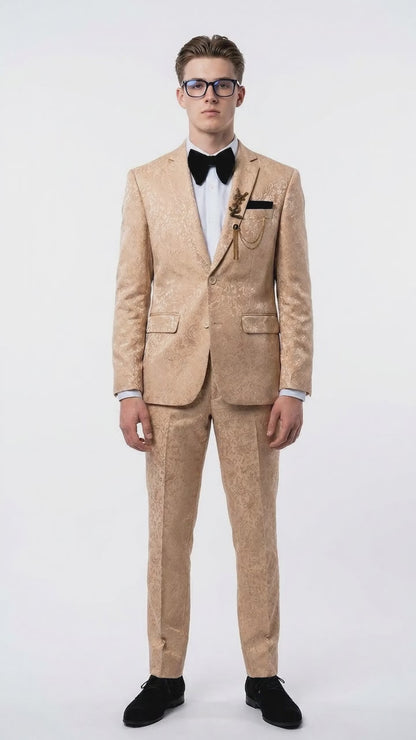 Men’s Champagne Gold Paisley Prom Tuxedo, Formal Dinner Suit for Prom, Weddings, Parties in Tan Color