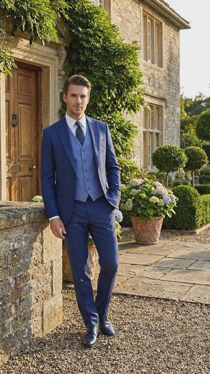 Vitali Men’s Navy Blue 3 Piece Suit with Light Blue Vest, Textured Formal Dress Suit for Weddings, Prom, Business Events, and Parties