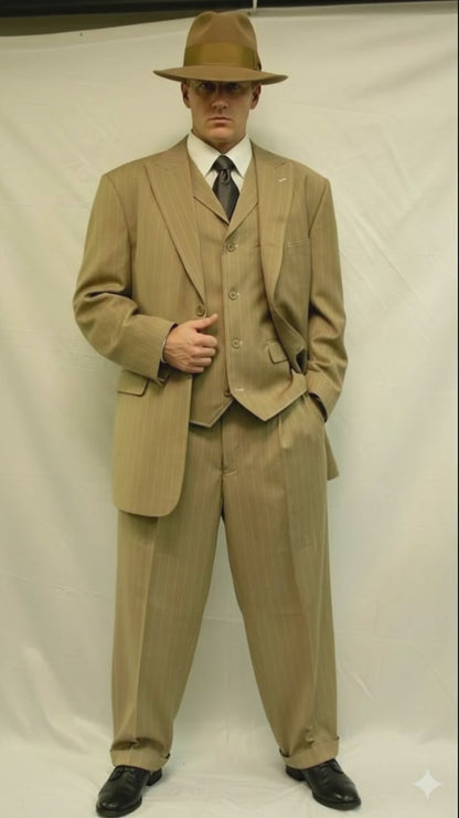 Mens Tan Pinstripe Zoot Suit  1920s Gangster Vintage 3-Piece Suit with Wide-Leg Pants