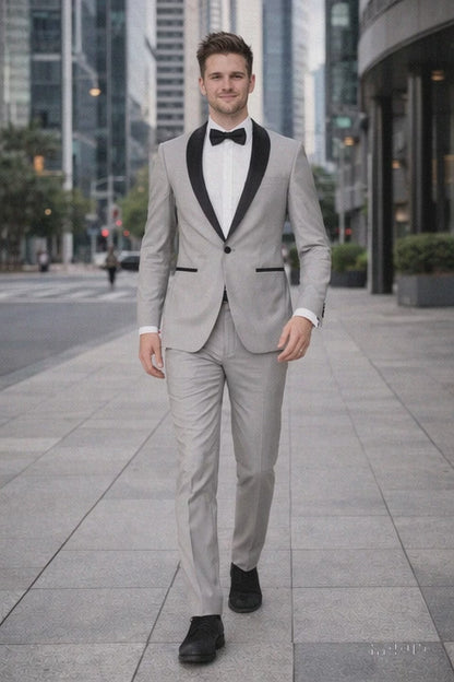 Mens Slim Fit 1 Button Shawl Tuxedo in Light Grey - Mens Slim Fitted Tuxedo