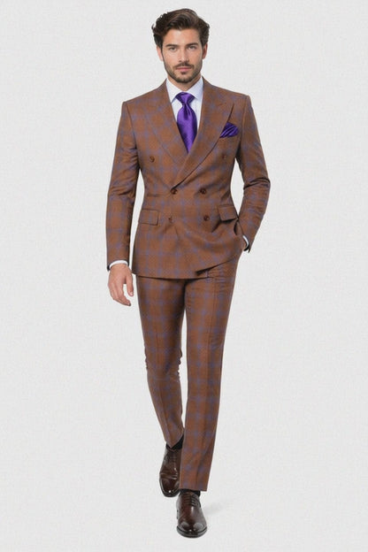 Men’s Brown Plaid Double-Breasted Suit – Premium 2-Piece Classic Checkered Windowpane Suit by Rossiman