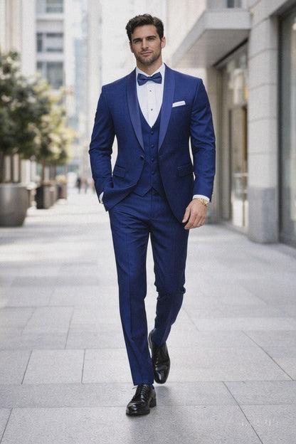 Men's 1 Button Shawl Lapel Vested Wool Wedding - Prom Tuxedo in Bright Sapphire Blue - Men's Slim Fitted Tuxedo