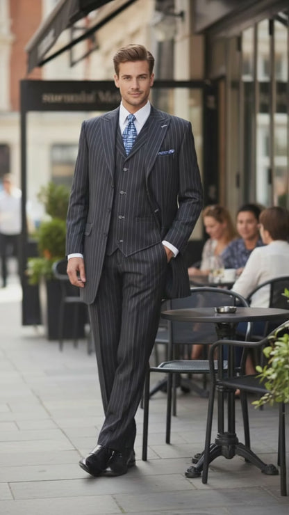Mens Three Button Suits -  Navy Blue Pinstripe Three-Piece Suit  Classic Business and Formal Wear with Tailored Fit
