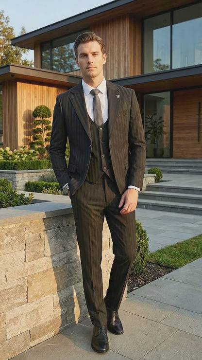 Men’s Black Pinstripe 3 Piece Suit – Vested Formal Business Suit for Wedding, Office, Prom and Party Wear