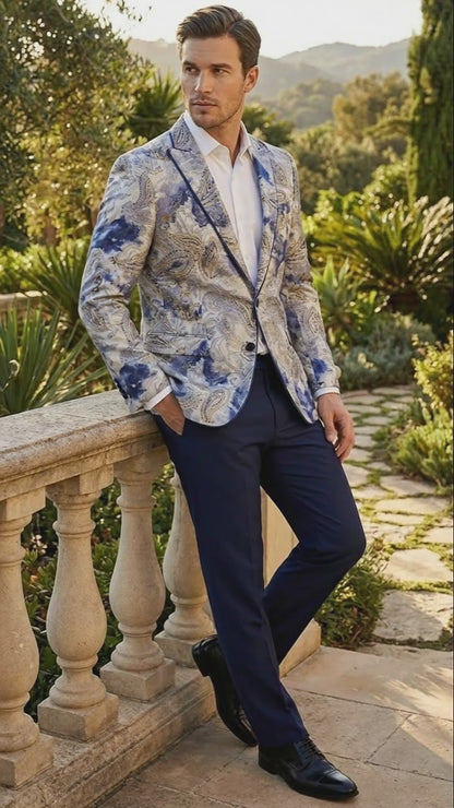 Mens Navy Blue and Gray Paisley Print Blazer  Prom Jacket for Formal, Party, and Evening Wear