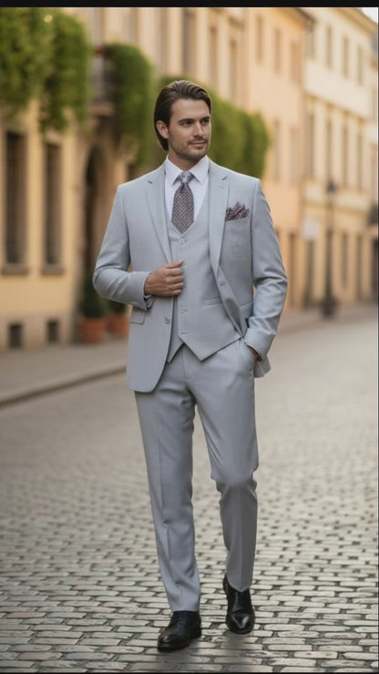 Mens Very Light Gray Three-Piece  Wedding Suit 2 Buttons Modern or Slim Fit  Ash Bone Color Steel Grey