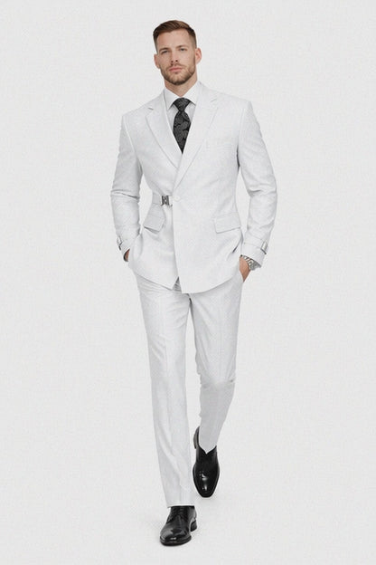 Men’s White Double Breasted Wool Suit with Designer Tailored Formal Set Metal Buckle Closure