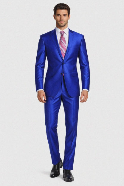 Mens Slim Fitted Shiny Sharkskin Suit in Royal Blue