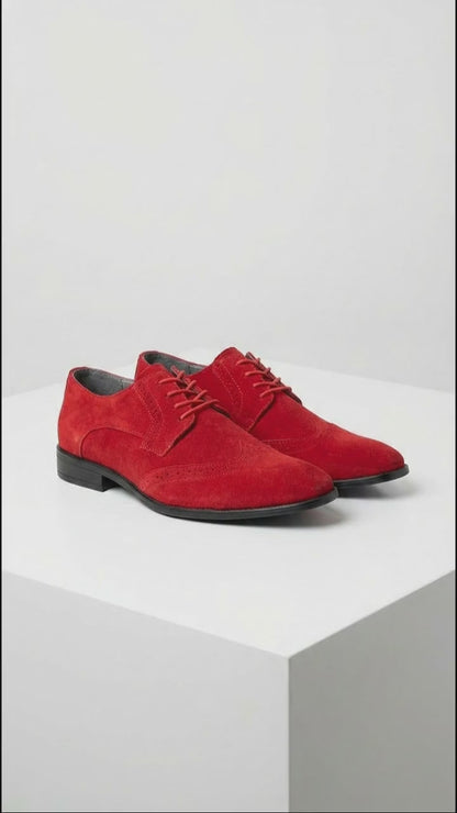 Men’s Red Suede Tuxedo Dress Shoes | Formal Lace-Up Wingtip Shoes for Wedding, Prom & Party - Velvet Shoe