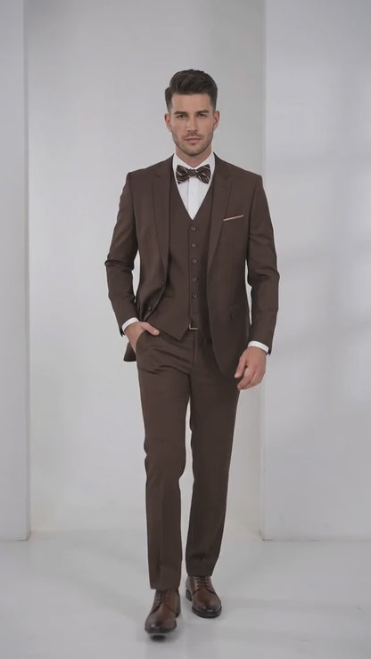 Men’s Brown 3-Piece Suit – Two-Button Wedding, Business and Formal Suit with Matching Vest