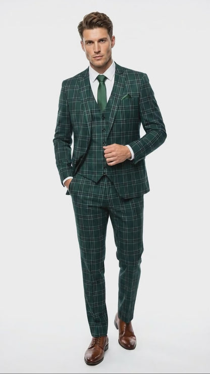 Men's Dark Green Plaid 3 Piece Suit – Checkered Suit Set for Wedding, Windowpane Tartan Fabric - Ultra Slim Fit