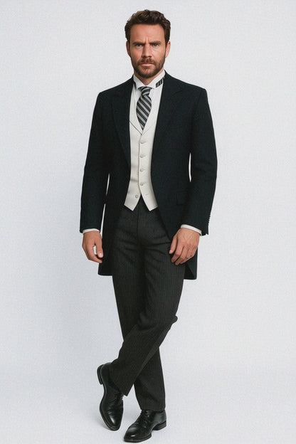 Black Peak Lapel Cutaway Tuxedo  Long Single-Breasted Suit Perfect for Musicians and Weddings