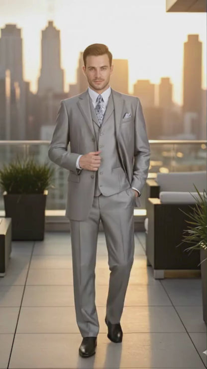 Mens Light Gray 3-Piece Modern Fit Suit with Vest  Classic Formal Business and Wedding Attire