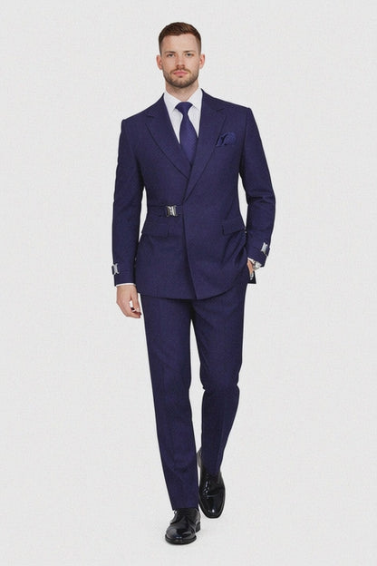 Men’s Navy Blue Double Breasted Wool Suit with Signature Buckle Closure Designer Tailored Fit