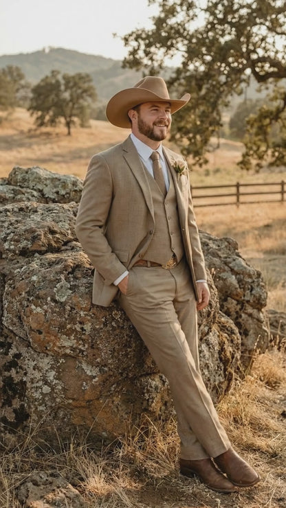 Mens Sharkskin Dark Taupe Tan with sheen Western 3 Piece Suit – Classic Country Style Blazer Vest Pants Set, Formal Cowboy Suit Outfit