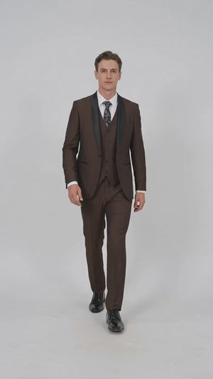 Men’s Chocolate Brown 3-Piece Tuxedo Suit with Black Satin Shawl Lapel – Shawl Collar Vested