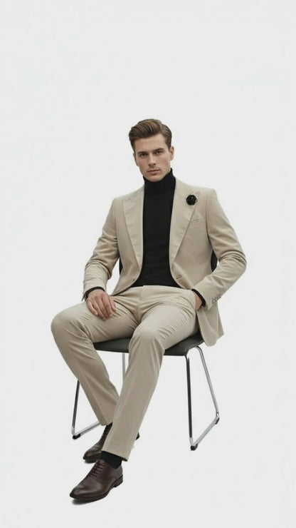 Mens Sand Beige Velvet Tuxedo Suit  2 Piece Slim Fit Blazer and Pants Formal Set - Winter Fabric Natural Color