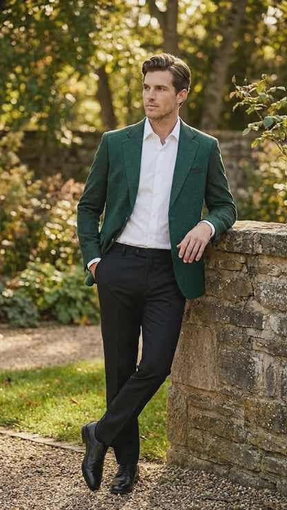 Zacchi Brand Men’s Dark Green Textured Blazer – Classic Single Button Sport Coat with Notch Lapel Formal Jacket