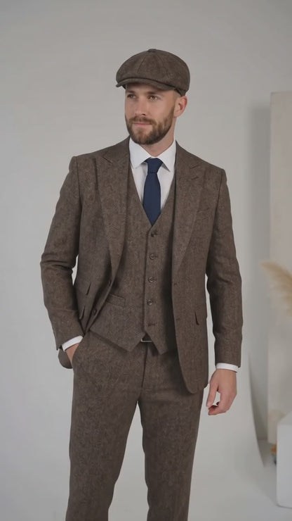 Peaky Blinder Men’s Brown Tweed 3-Piece Suit – Vintage Wedding, Business and Formal Suit with Matching Vest and Pants