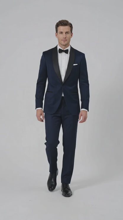 Men’s James Bond Inspired Navy Blue Tuxedo – Black Shawl Lapel Wedding & Prom Suit