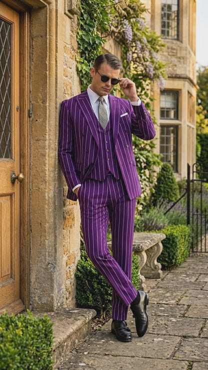 Men’s Purple Pinstripe 1920s Gangster Suit, Vintage Formal 3 Piece Wedding Prom Suit Set