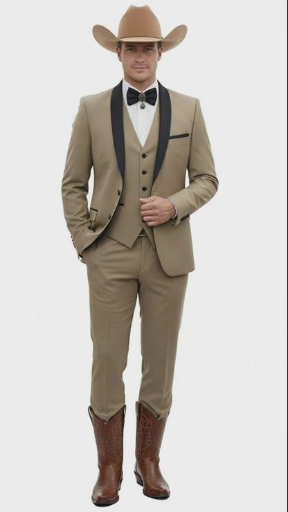 Men’s Western Cowboy Suit – 3-Piece Tan Tuxedo with Black Lapel, Vest, and Pants Beige  Color