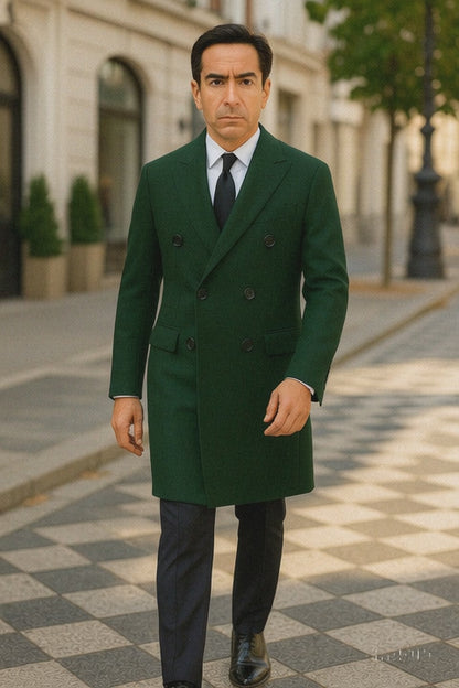 6 Button Dark Olive Green Long Overcoat Custom Prom Tuxedos