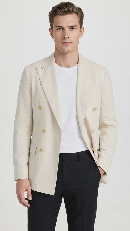 Men’s Cream Double Breasted Blazer – Ivory 6 Button Formal Wedding Sport Coat Off White color