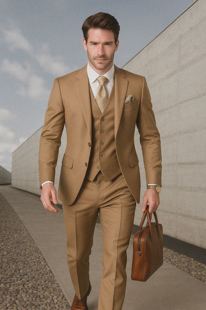 Mens 2 Button Modern Fit Vested Wool Suit in Caramel
