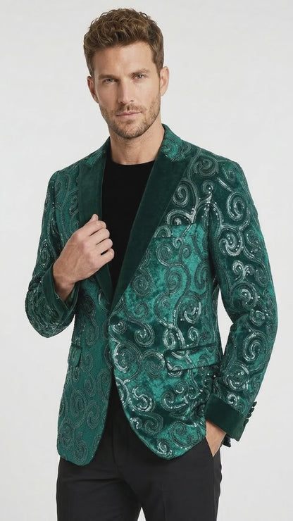 Men’s Emerald Green Paisley Tuxedo Dinner Jacket with Black Lapel, Formal Prom Wedding Party Blazer