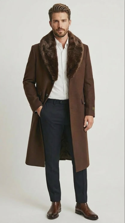 Mens Brown Long Overcoat with Faux Fur Collar  Classic Winter Formal Coat Three Quarter Carcoat Wool and Cashmere Fabric