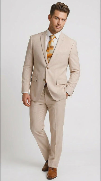 Vitali Men’s Natural Beige Pinstripe Suit – Summer Tan Pinstripe  Weddings and Business Wear