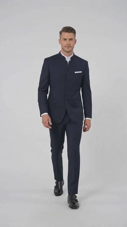 Men’s Dark Navy Blue Mandarin Collar Suit, Banded Collar Formal Wedding Business Dress Suit