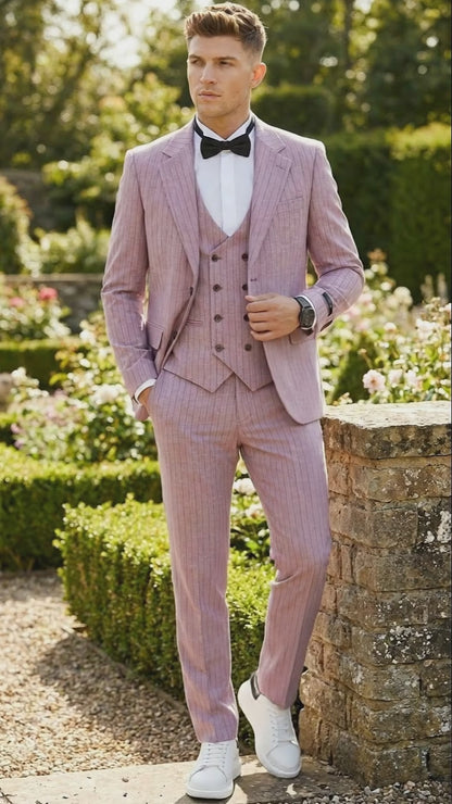 Men’s Dusty Rose Pink Pinstripe Three Piece Suit with Vest | Wedding and Party Formal Wear Prom or Church Suit