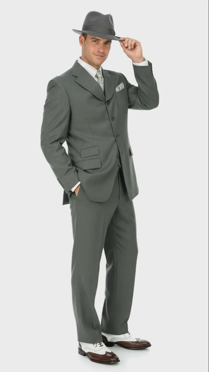 Mens 1920s Gray Zoot Suit   4 Buttons  Gangster Wide Lapel Long Jacket 3-Piece Suit in Grey Color Classic Fit Pleated Pants