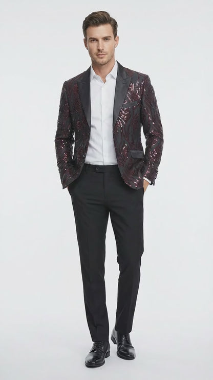 Men’s Black and Burgundy Sequin Blazer – Black Sparkle Sequin Party Blazer with Burgundy Pattern for Prom, Wedding Slim Fitted