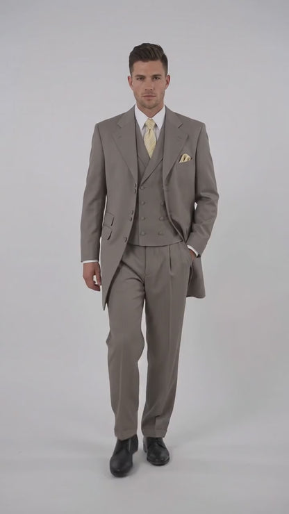 Men’s Light Kahki Sand 3-Piece Suit – Six-Button Jacket with Double-Breasted Vest and Pleated Pants Tan Color