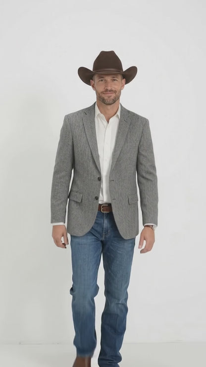 Men’s Light Grey & Black Herringbone Western Blazer – Cowboy Sport Coat Jacket