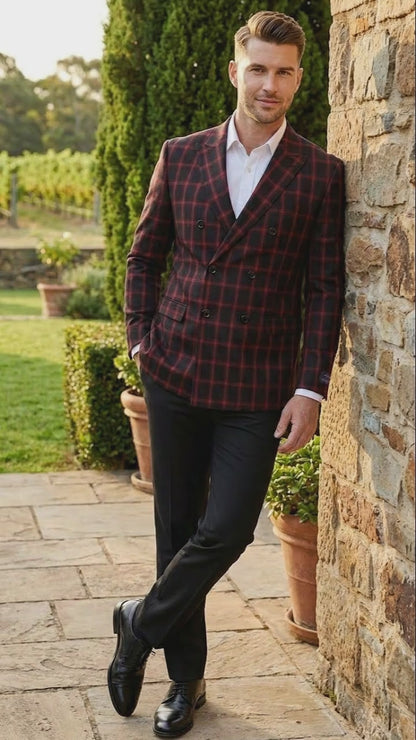 Men’s Black and Red Check Double Breasted Blazer – Sport Coat Jacket Windowpane Sportcoat Slim Fit