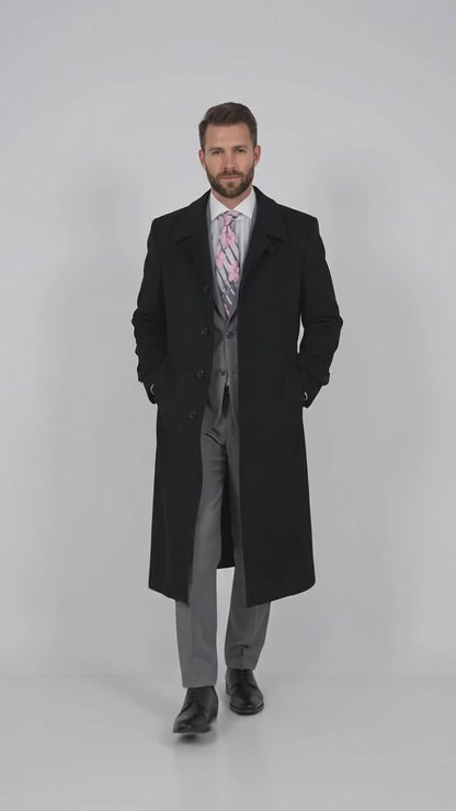 Men’s Black 100% Wool Gabardine Full-Length Overcoat – Wide Lapel Formal Top Coat