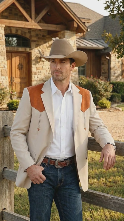 Men’s Tan Beige and Rust Western Cowboy Blazer – Classic Country Style Jacket, Vintage Western Dress Blazer for Men Country Jacket