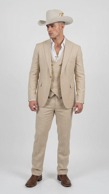 Men’s Light Beige 3-Piece Suit – Peak Lapel Jacket, Double-Breasted Vest and Matching Pants