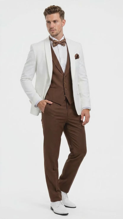 Men’s Ivory and Brown 3 Piece Suit – Elegant White Blazer with Brown Vest and Trousers for Wedding, Prom and Formal Events in off White Cream + Bowtie