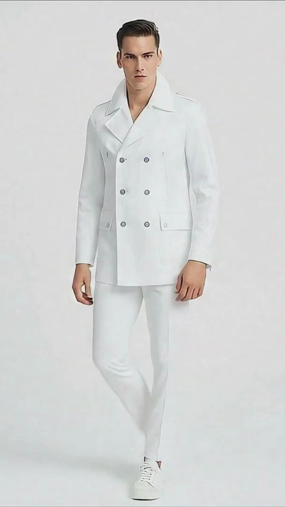 Mens White Double-Breasted Peacoat Jacket  Classic Stylish Outerwear Wool Fabric Slim Fitted