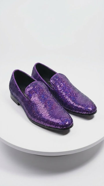 Mens Purple Sequin Dress Shoes Slip on  – Luxury Slip On Formal Loafers Wedding Prom Party Designer Footwear