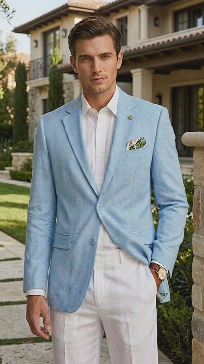 Men’s Sky Blue Linen Style Summer Blazer with Two Button Front, Lightweight Wedding Sport Coat